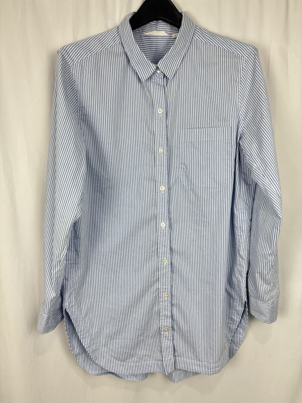 Athleta Long & Lean Button Up Shirt Tunic Blue White Stripe Sz M Classic Preppy